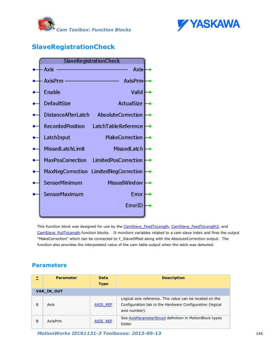 Slaveregistrationcheck, Parameters | Yaskawa MotionWorks IEC Toolboxes User Manual | Page 158 / 592