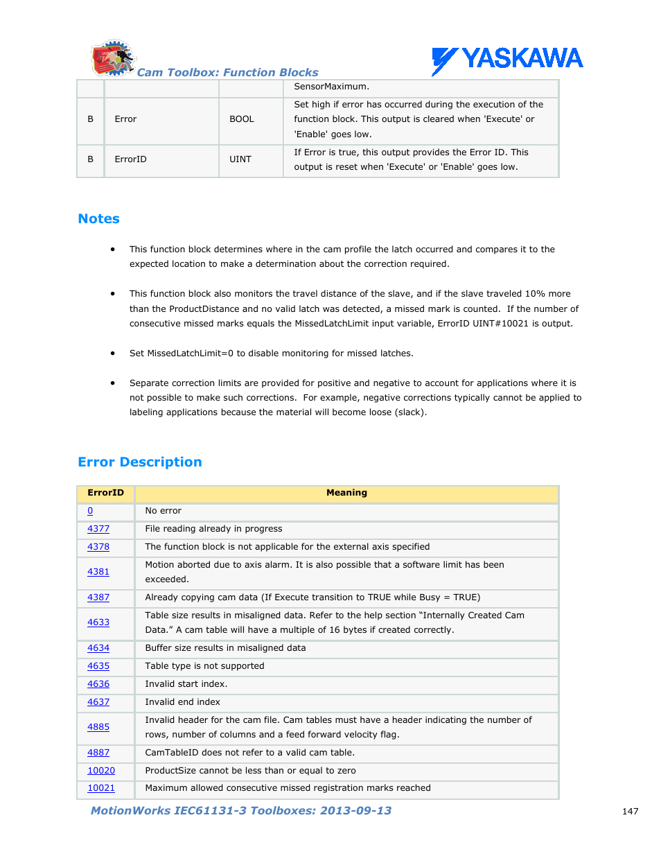 Notes, Error description | Yaskawa MotionWorks IEC Toolboxes User Manual | Page 160 / 592