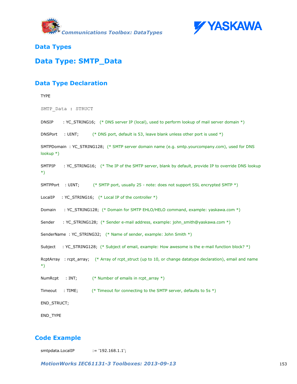 Data types, Data type: smtp_data, Data type declaration | Code example | Yaskawa MotionWorks IEC Toolboxes User Manual | Page 166 / 592