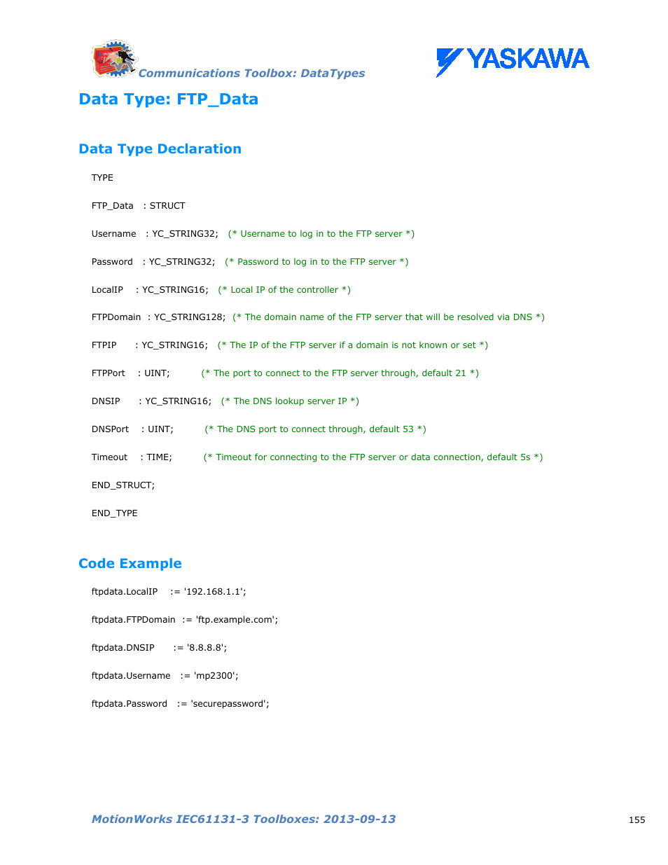 Data type: ftp_data, Data type declaration, Code example | Yaskawa MotionWorks IEC Toolboxes User Manual | Page 168 / 592