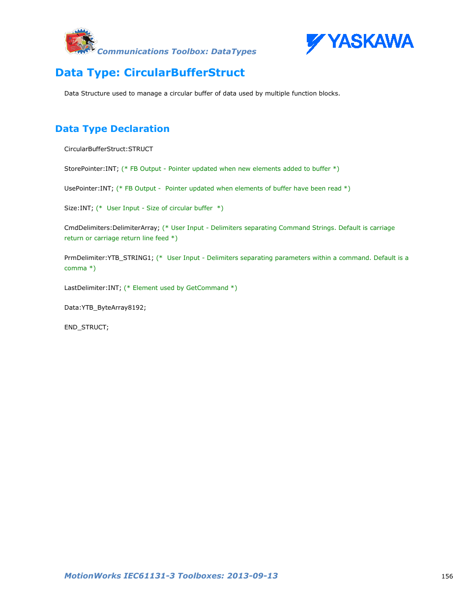 Data type: circularbufferstruct, Data type declaration | Yaskawa MotionWorks IEC Toolboxes User Manual | Page 169 / 592