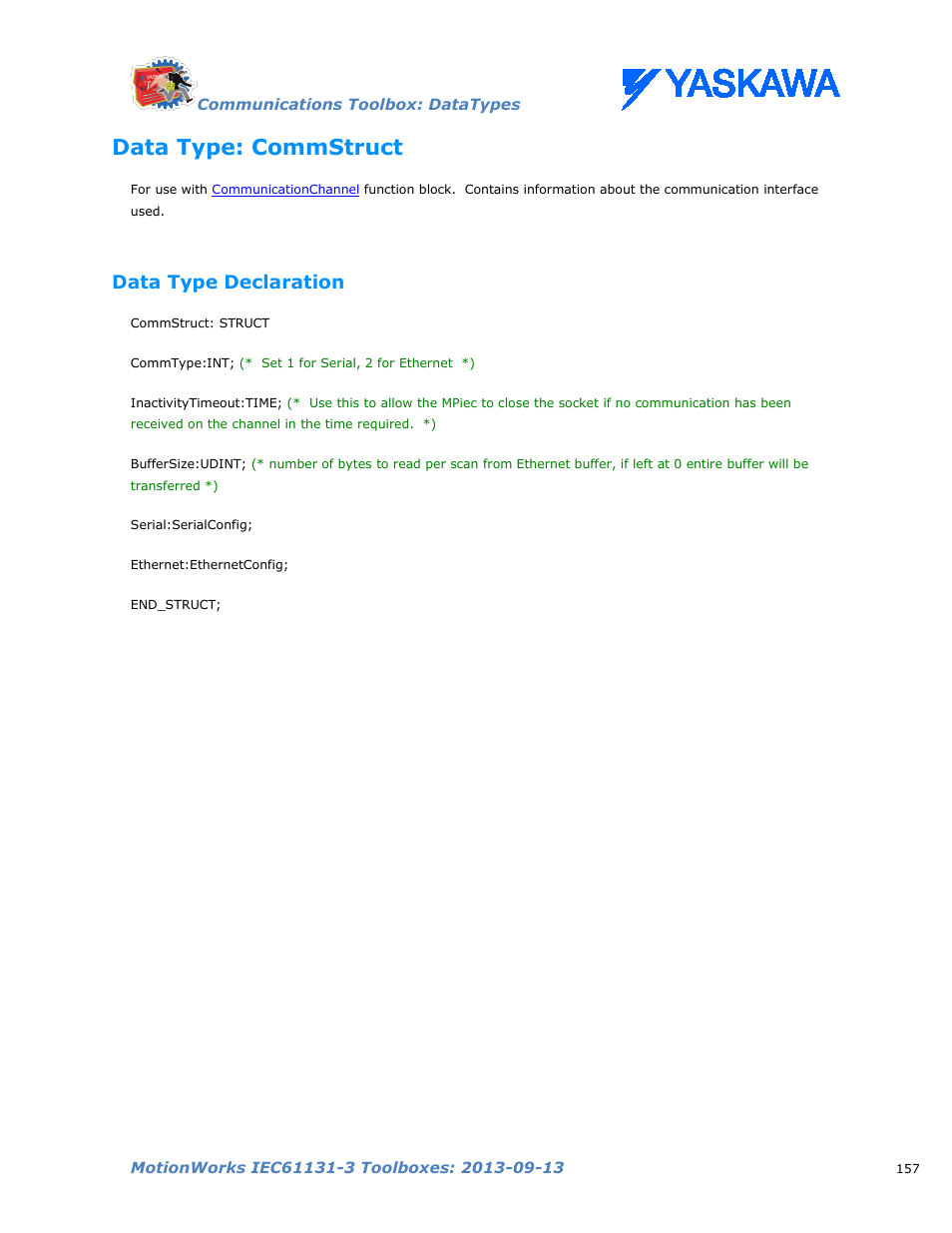 Data type: commstruct, Data type declaration | Yaskawa MotionWorks IEC Toolboxes User Manual | Page 170 / 592