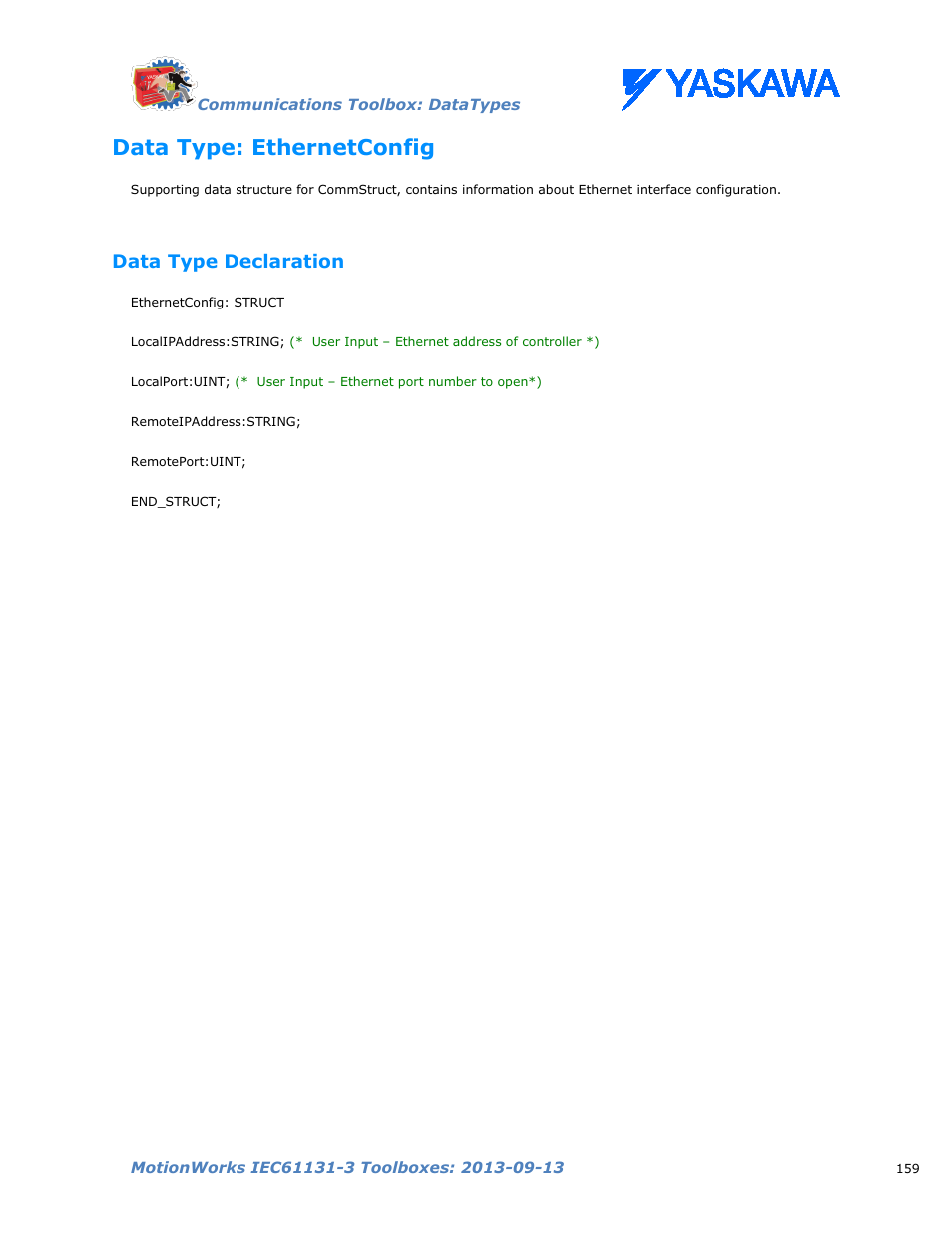 Data type: ethernetconfig, Data type declaration | Yaskawa MotionWorks IEC Toolboxes User Manual | Page 172 / 592