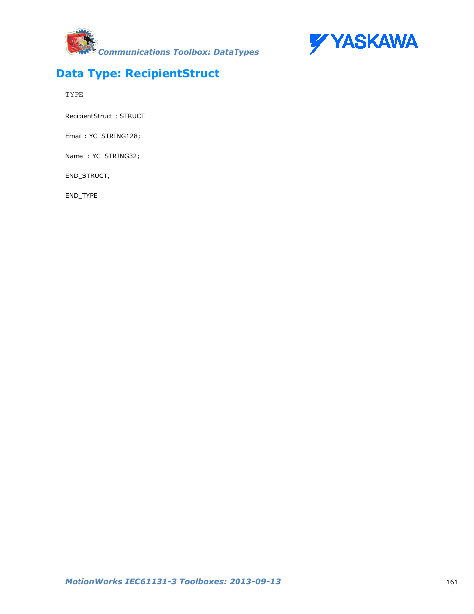 Data type: recipientstruct | Yaskawa MotionWorks IEC Toolboxes User Manual | Page 174 / 592