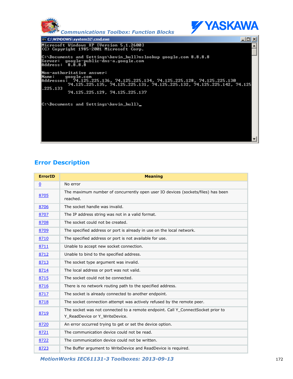 Error description | Yaskawa MotionWorks IEC Toolboxes User Manual | Page 185 / 592