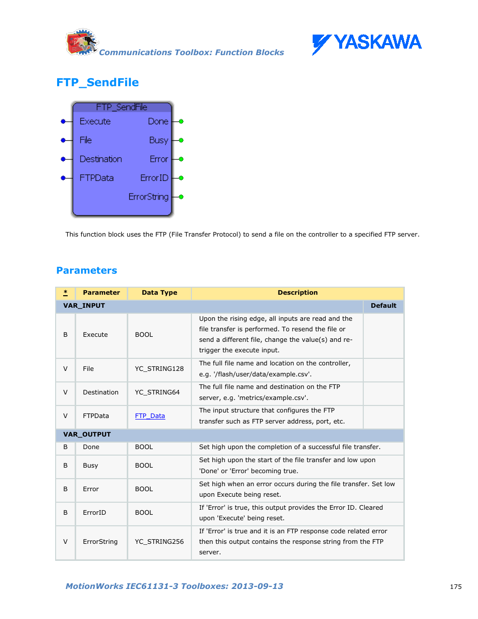 Ftp_sendfile, Parameters | Yaskawa MotionWorks IEC Toolboxes User Manual | Page 188 / 592