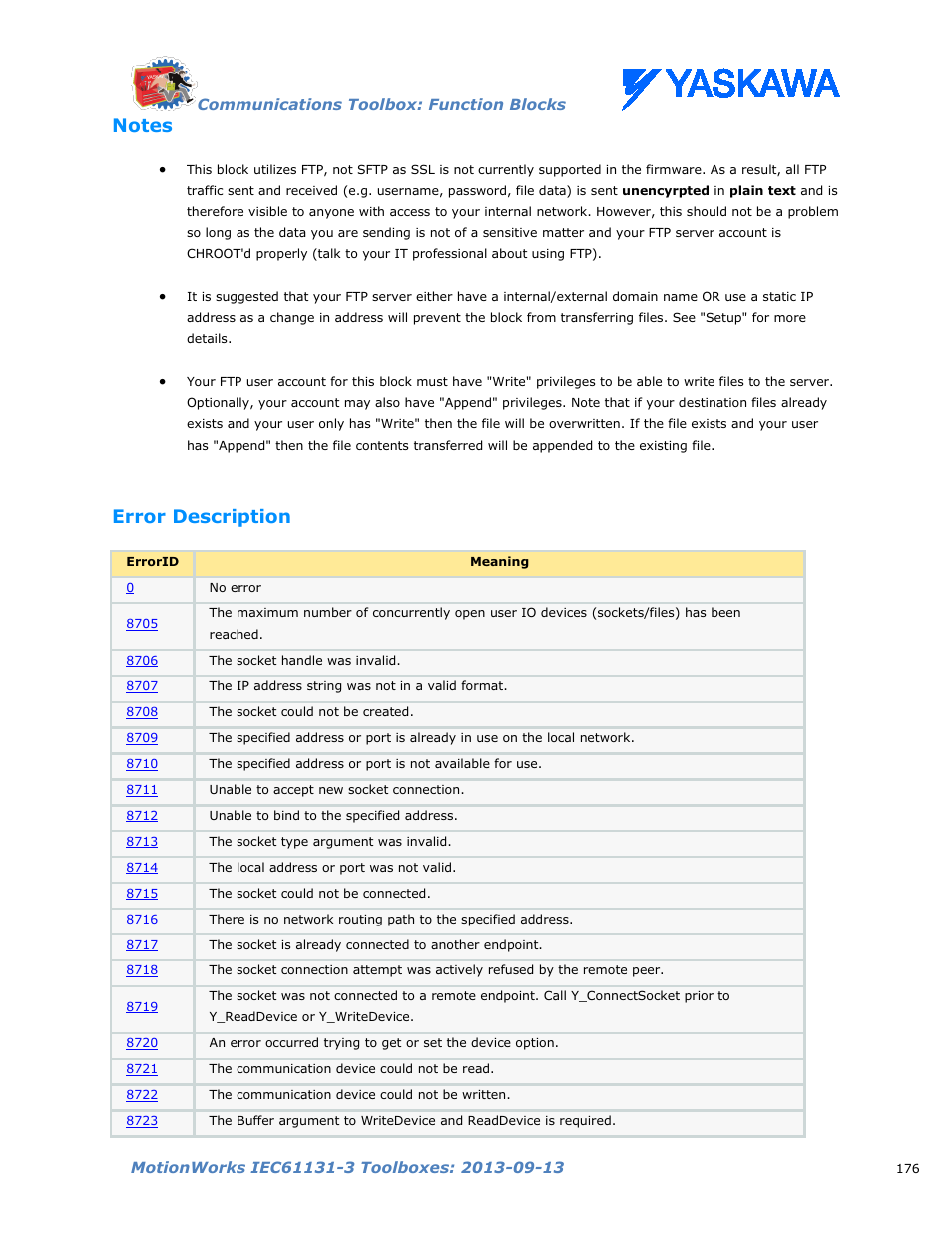 Notes, Error description | Yaskawa MotionWorks IEC Toolboxes User Manual | Page 189 / 592