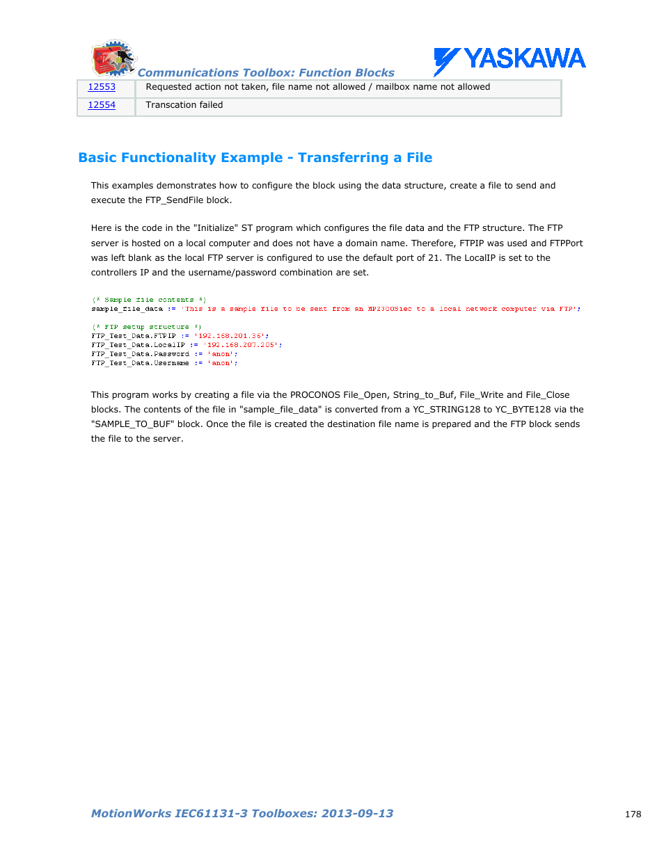 Basic functionality example - transferring a file | Yaskawa MotionWorks IEC Toolboxes User Manual | Page 191 / 592