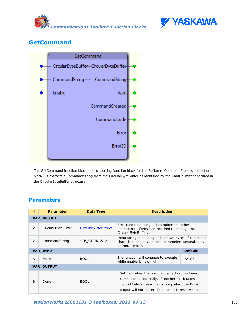 Getcommand, Parameters | Yaskawa MotionWorks IEC Toolboxes User Manual | Page 199 / 592
