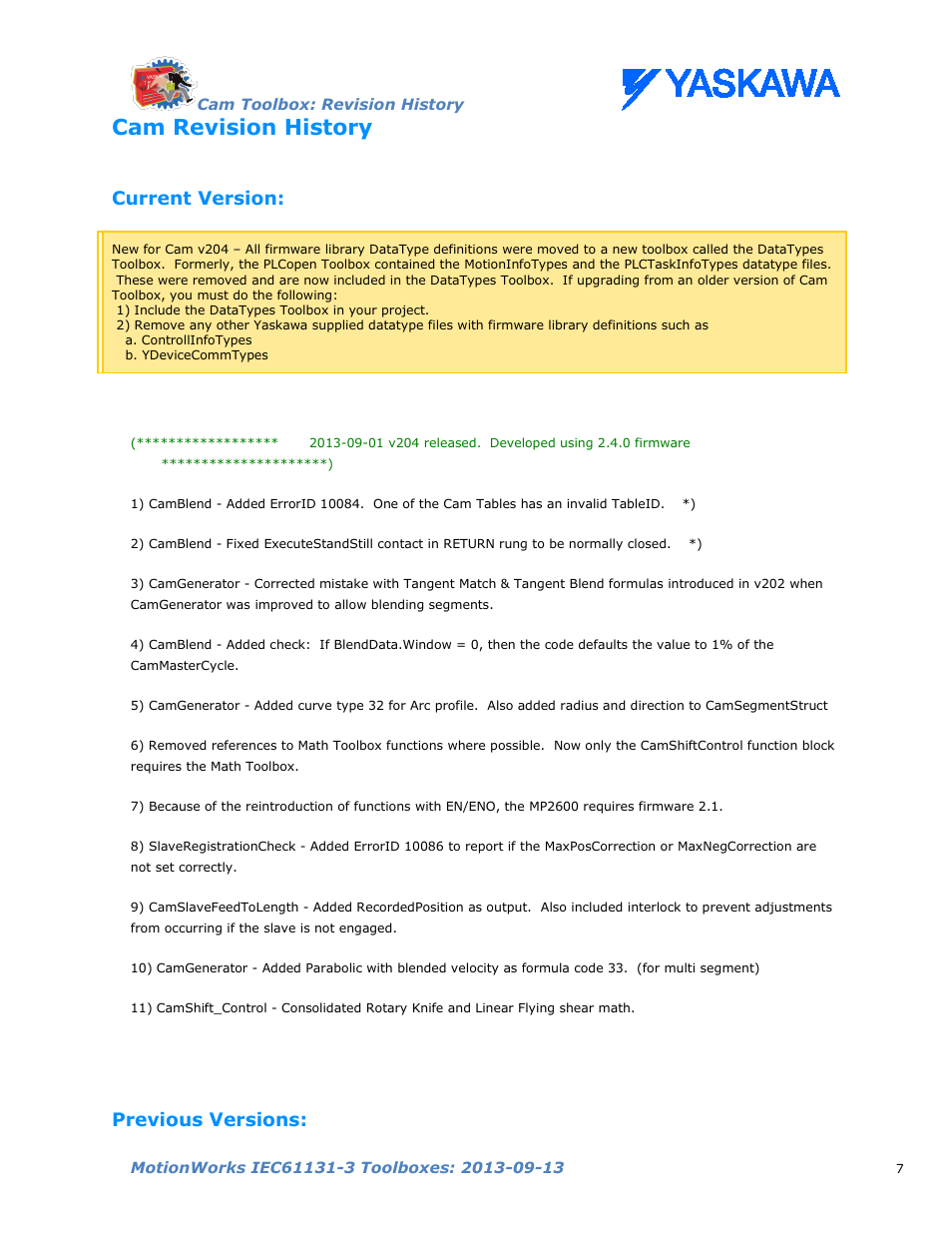 Cam revision history, Current version, Previous versions | Yaskawa MotionWorks IEC Toolboxes User Manual | Page 20 / 592