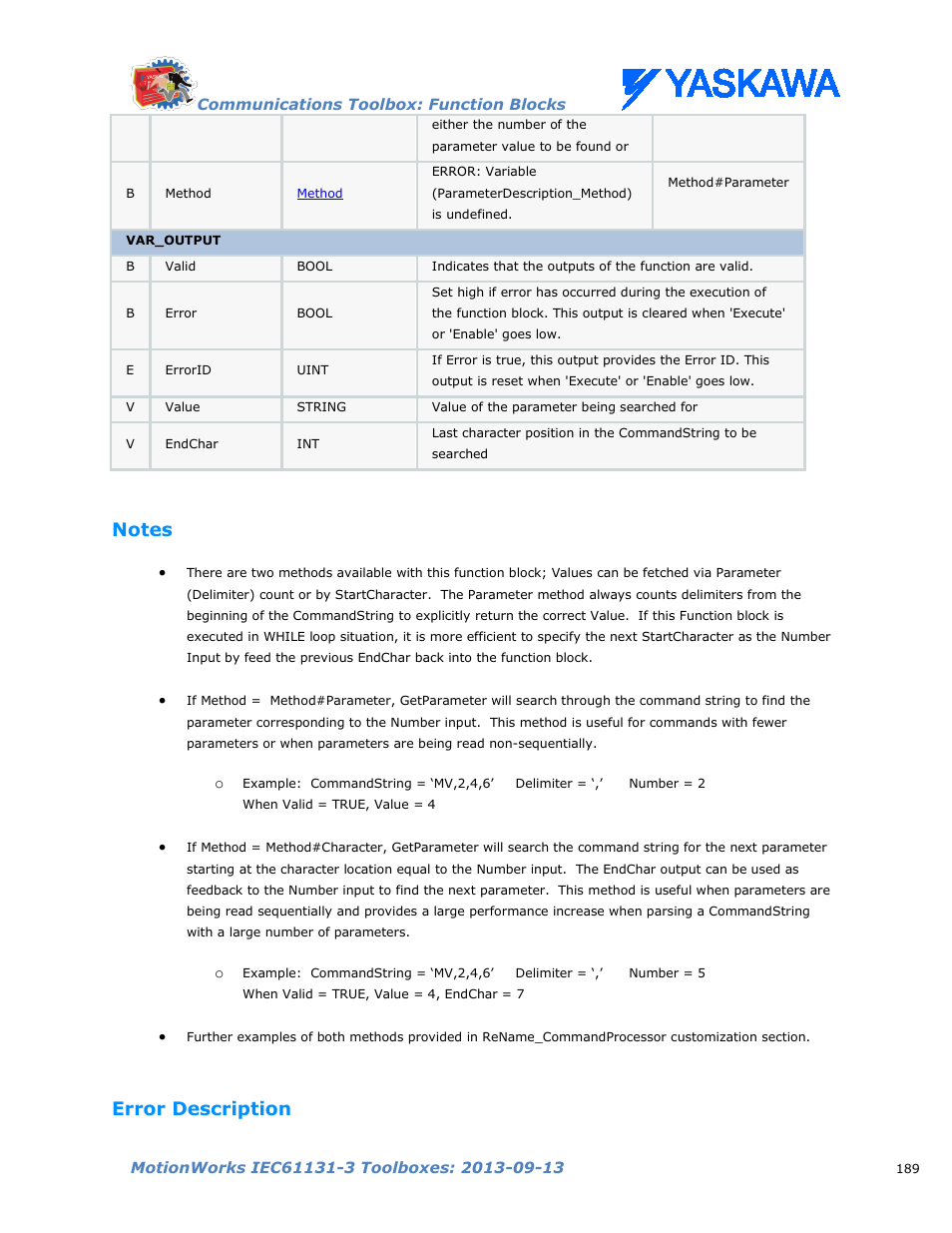 Notes, Error description | Yaskawa MotionWorks IEC Toolboxes User Manual | Page 202 / 592