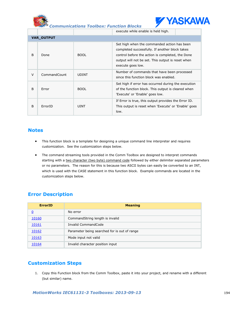 Notes, Error description, Customization steps | Yaskawa MotionWorks IEC Toolboxes User Manual | Page 207 / 592