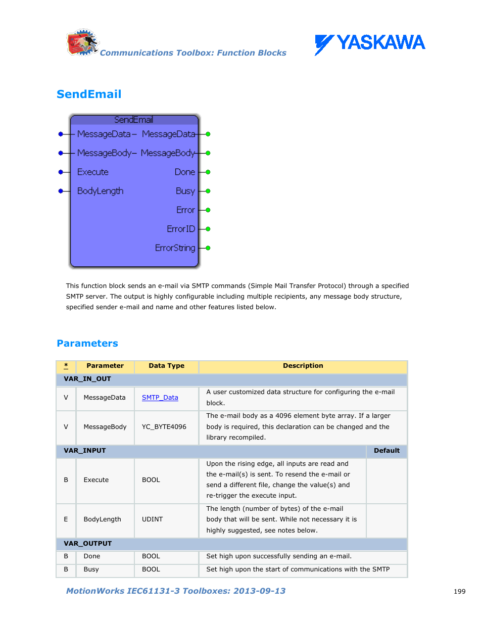 Sendemail, Parameters | Yaskawa MotionWorks IEC Toolboxes User Manual | Page 212 / 592