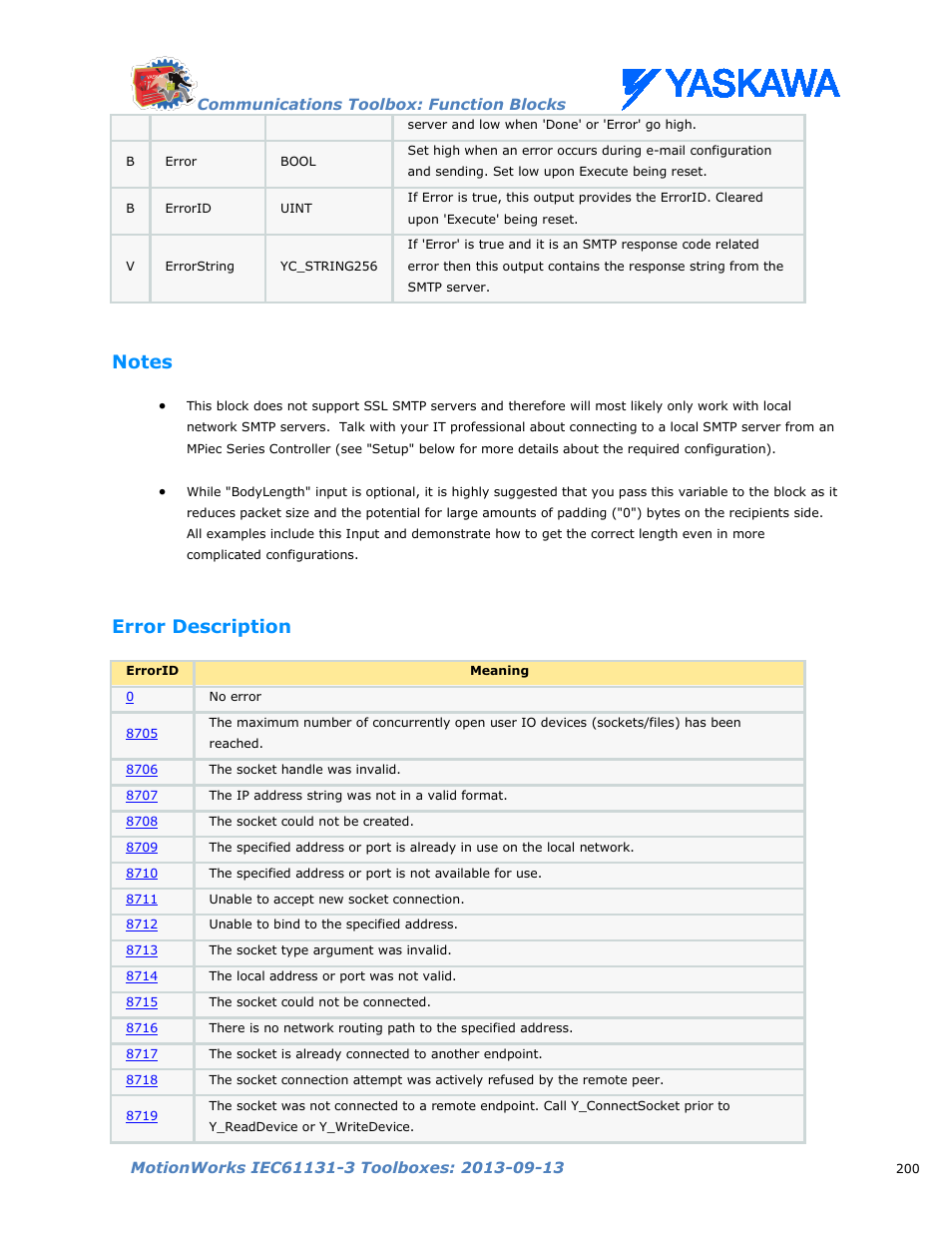 Notes, Error description | Yaskawa MotionWorks IEC Toolboxes User Manual | Page 213 / 592