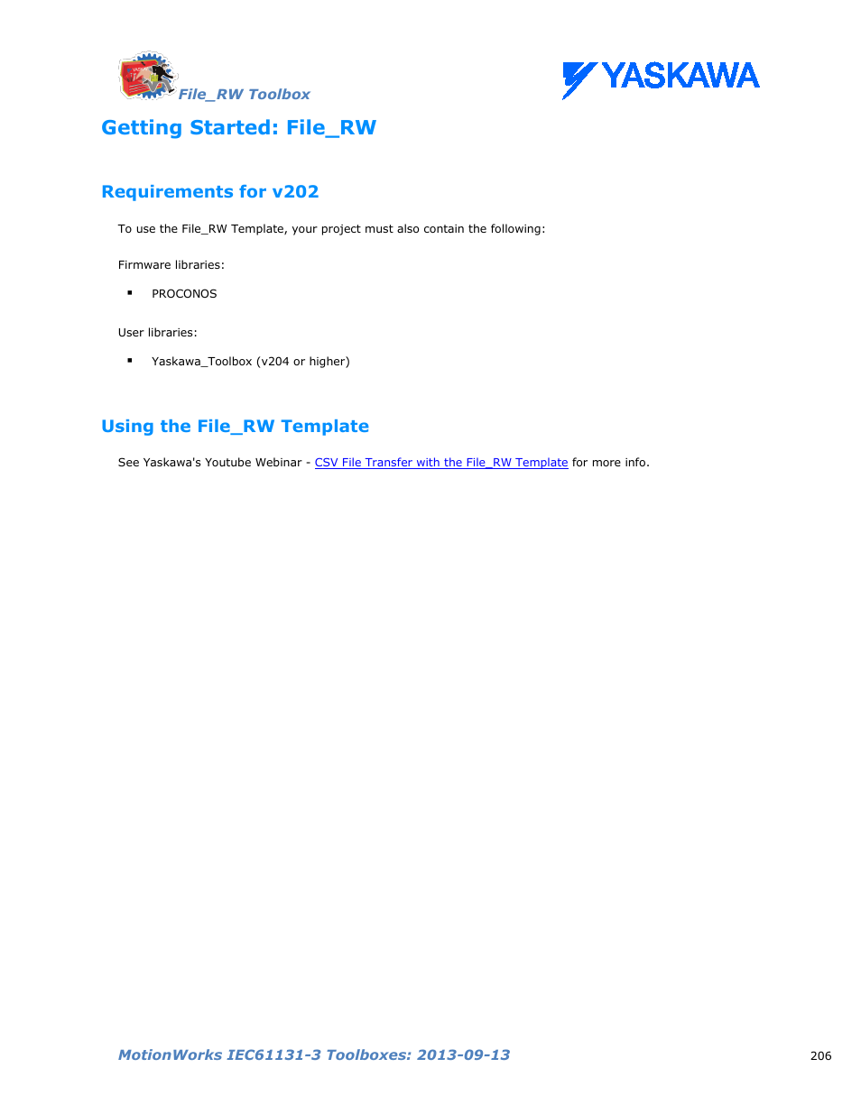 Getting started: file_rw, Requirements for v202, Using the file_rw template | Yaskawa MotionWorks IEC Toolboxes User Manual | Page 219 / 592