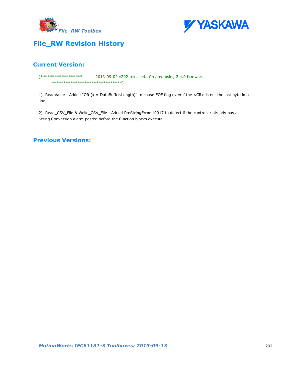 File_rw revision history, Current version, Previous versions | Yaskawa MotionWorks IEC Toolboxes User Manual | Page 220 / 592