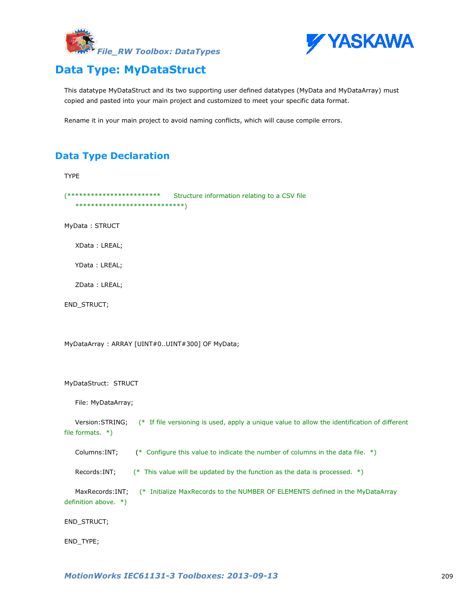 Data type: mydatastruct, Data type declaration | Yaskawa MotionWorks IEC Toolboxes User Manual | Page 222 / 592