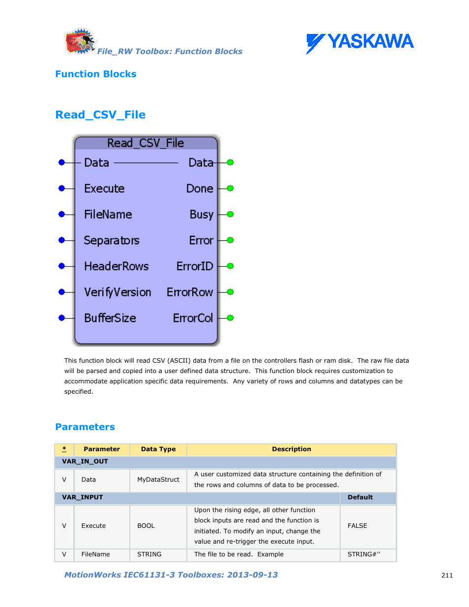 Function blocks, Read_csv_file, Parameters | Yaskawa MotionWorks IEC Toolboxes User Manual | Page 224 / 592