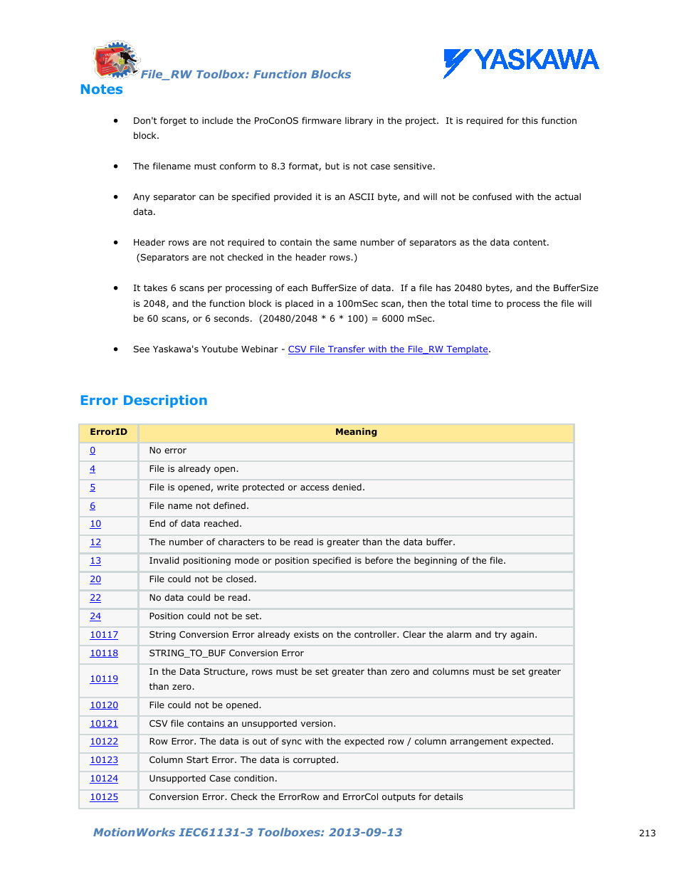 Notes, Error description | Yaskawa MotionWorks IEC Toolboxes User Manual | Page 226 / 592