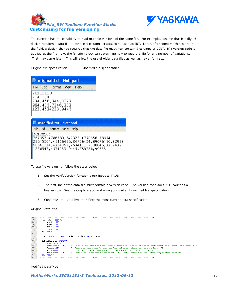 Customizing for file versioning | Yaskawa MotionWorks IEC Toolboxes User Manual | Page 230 / 592
