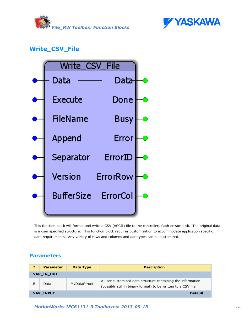 Write_csv_file, Parameters | Yaskawa MotionWorks IEC Toolboxes User Manual | Page 233 / 592
