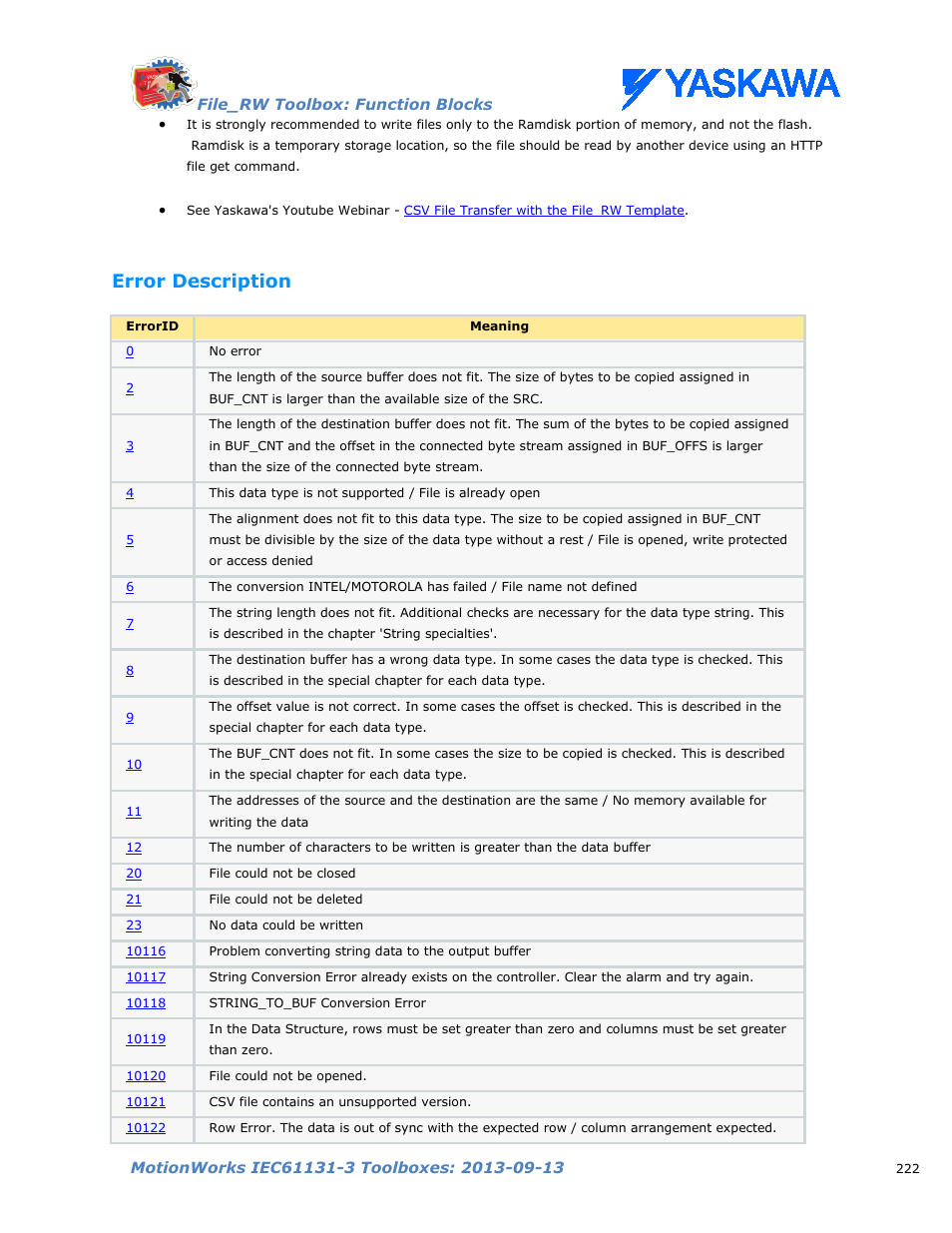 Error description | Yaskawa MotionWorks IEC Toolboxes User Manual | Page 235 / 592