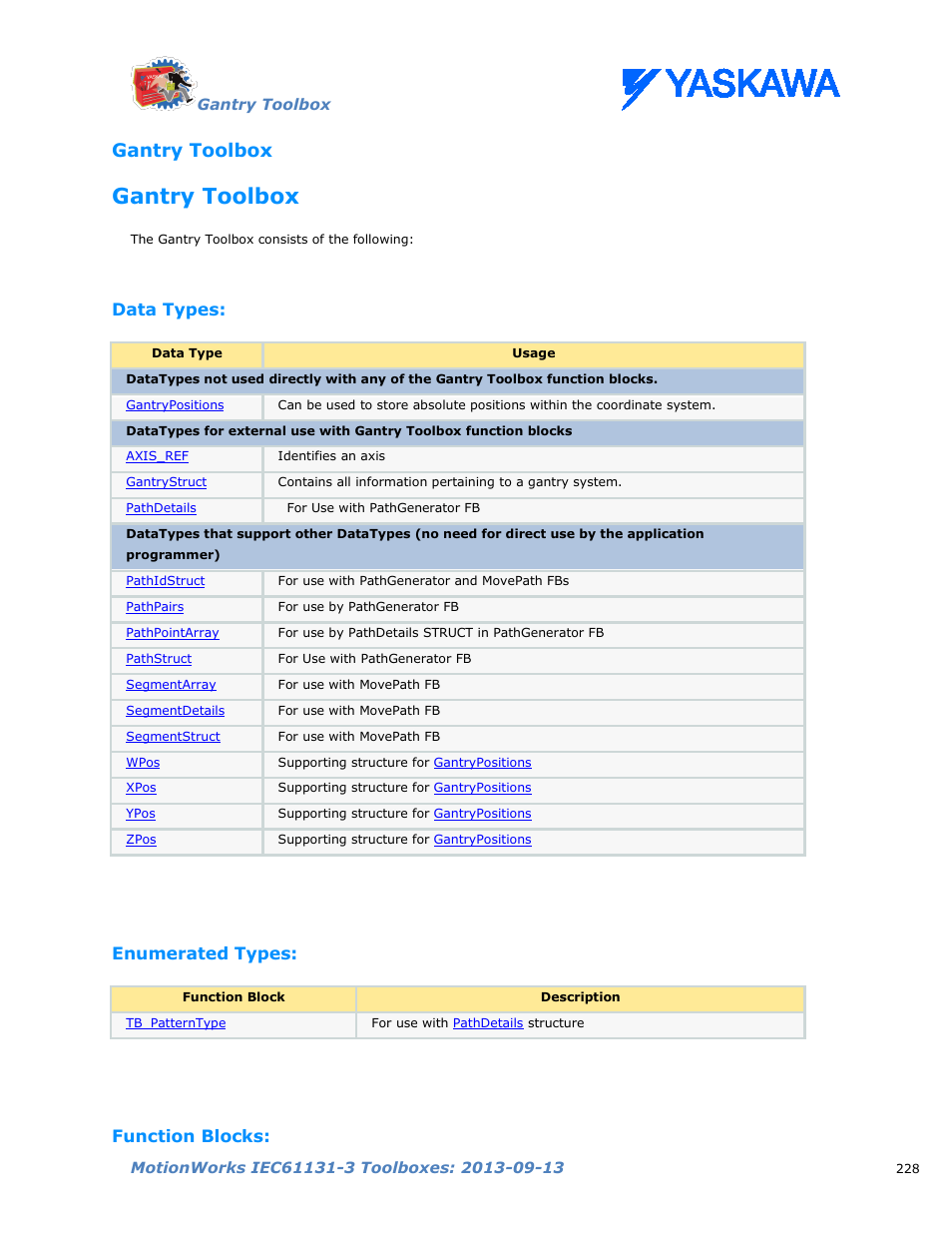Gantry toolbox, Data types, Enumerated types | Function blocks | Yaskawa MotionWorks IEC Toolboxes User Manual | Page 241 / 592