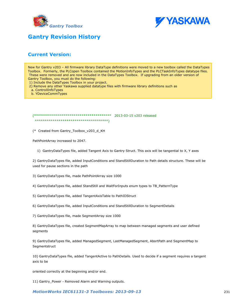Gantry revision history, Current version | Yaskawa MotionWorks IEC Toolboxes User Manual | Page 244 / 592