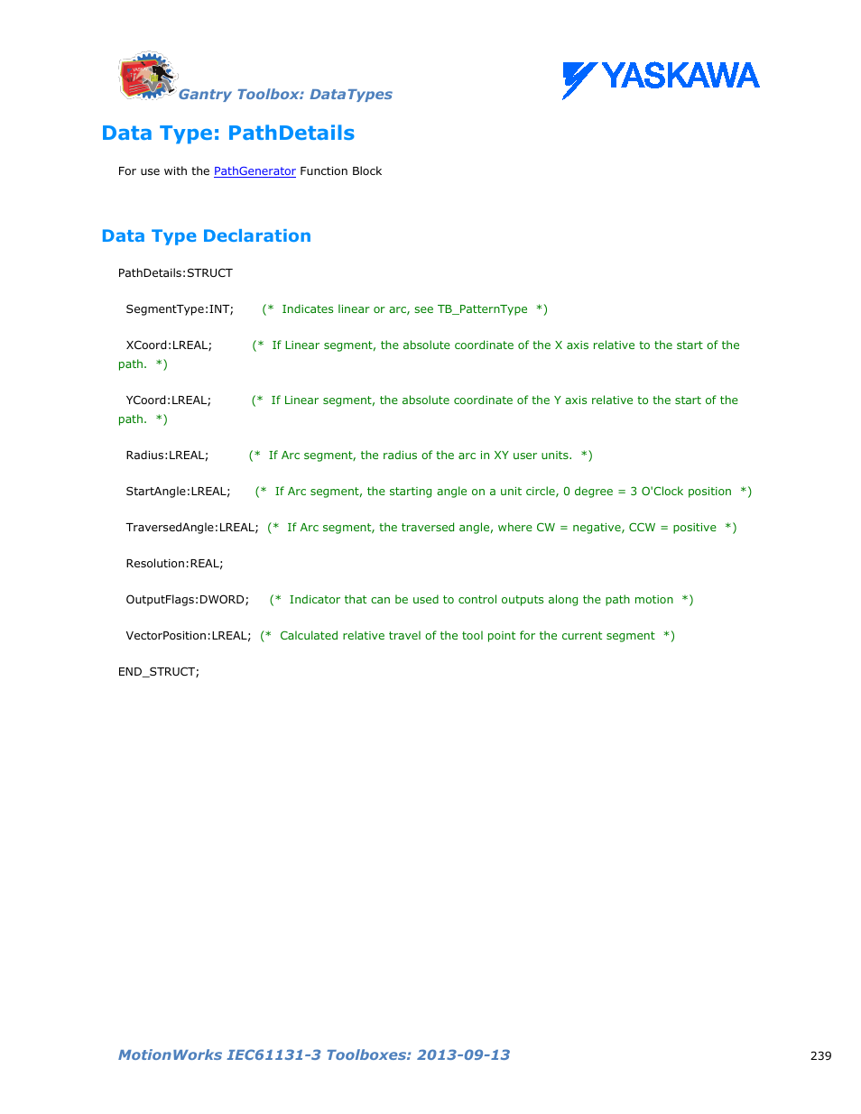 Data type: pathdetails, Data type declaration, Pathdetails | Yaskawa MotionWorks IEC Toolboxes User Manual | Page 252 / 592