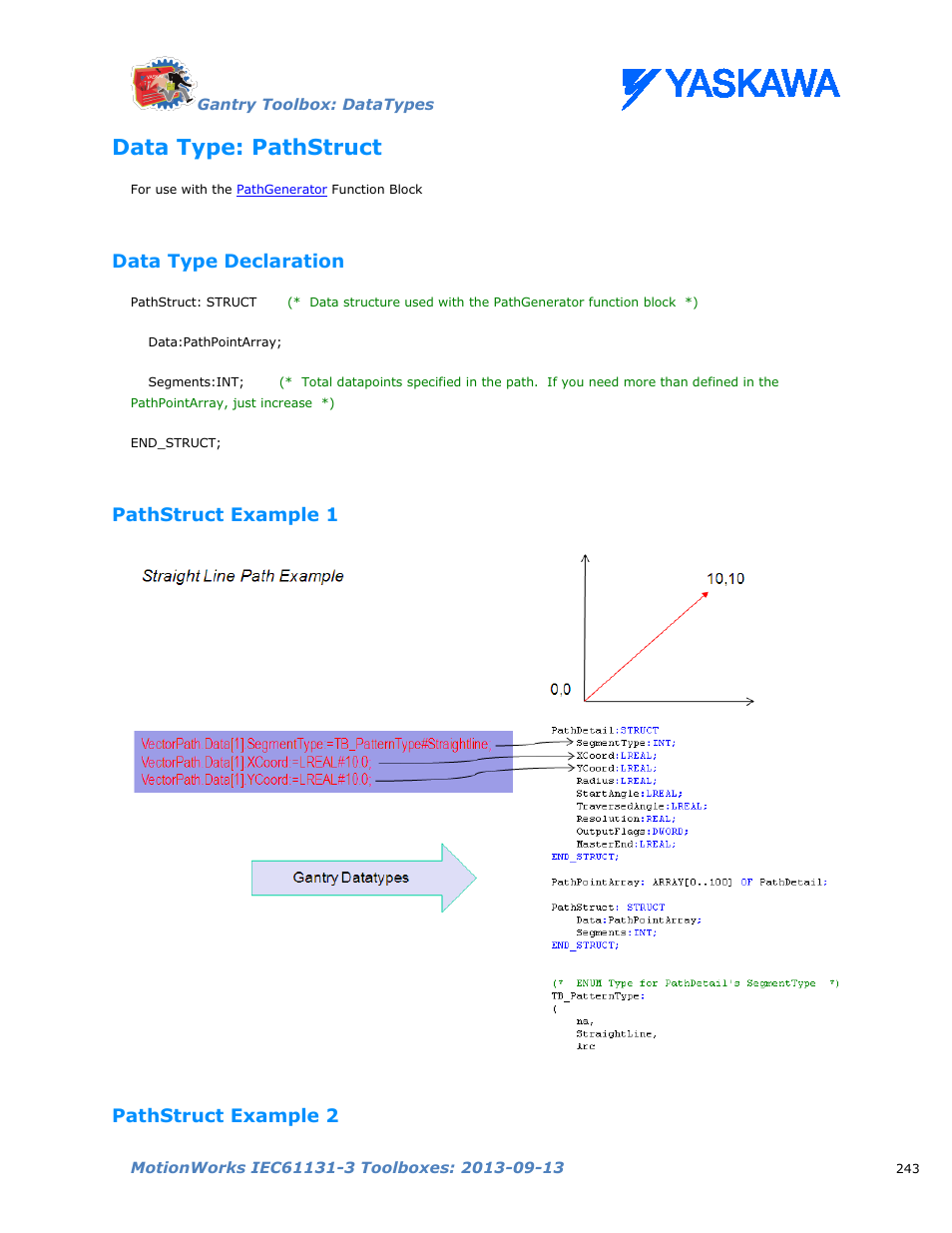 Data type: pathstruct, Data type declaration, Pathstruct example 1 | Pathstruct example 2, Pathstruct | Yaskawa MotionWorks IEC Toolboxes User Manual | Page 256 / 592