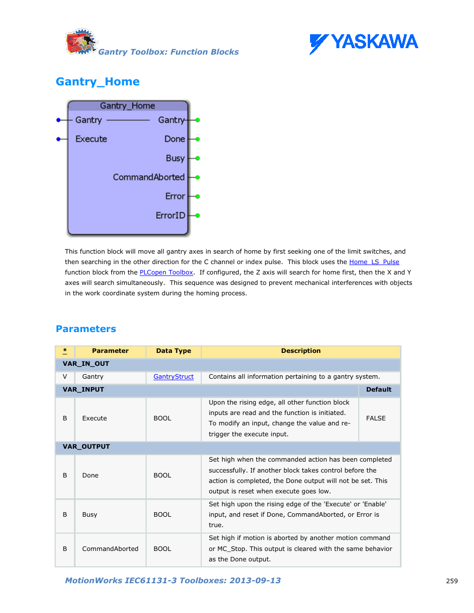 Gantry_home, Parameters | Yaskawa MotionWorks IEC Toolboxes User Manual | Page 272 / 592