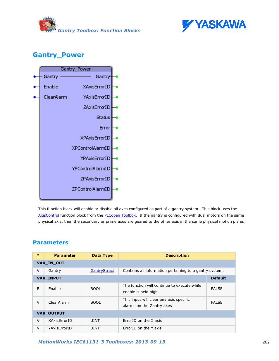 Gantry_power, Parameters | Yaskawa MotionWorks IEC Toolboxes User Manual | Page 275 / 592