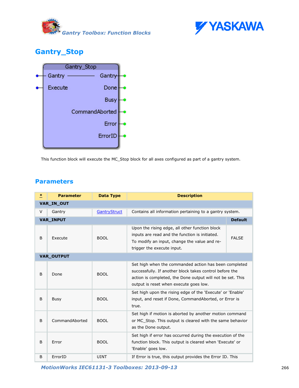 Gantry_stop, Parameters | Yaskawa MotionWorks IEC Toolboxes User Manual | Page 279 / 592