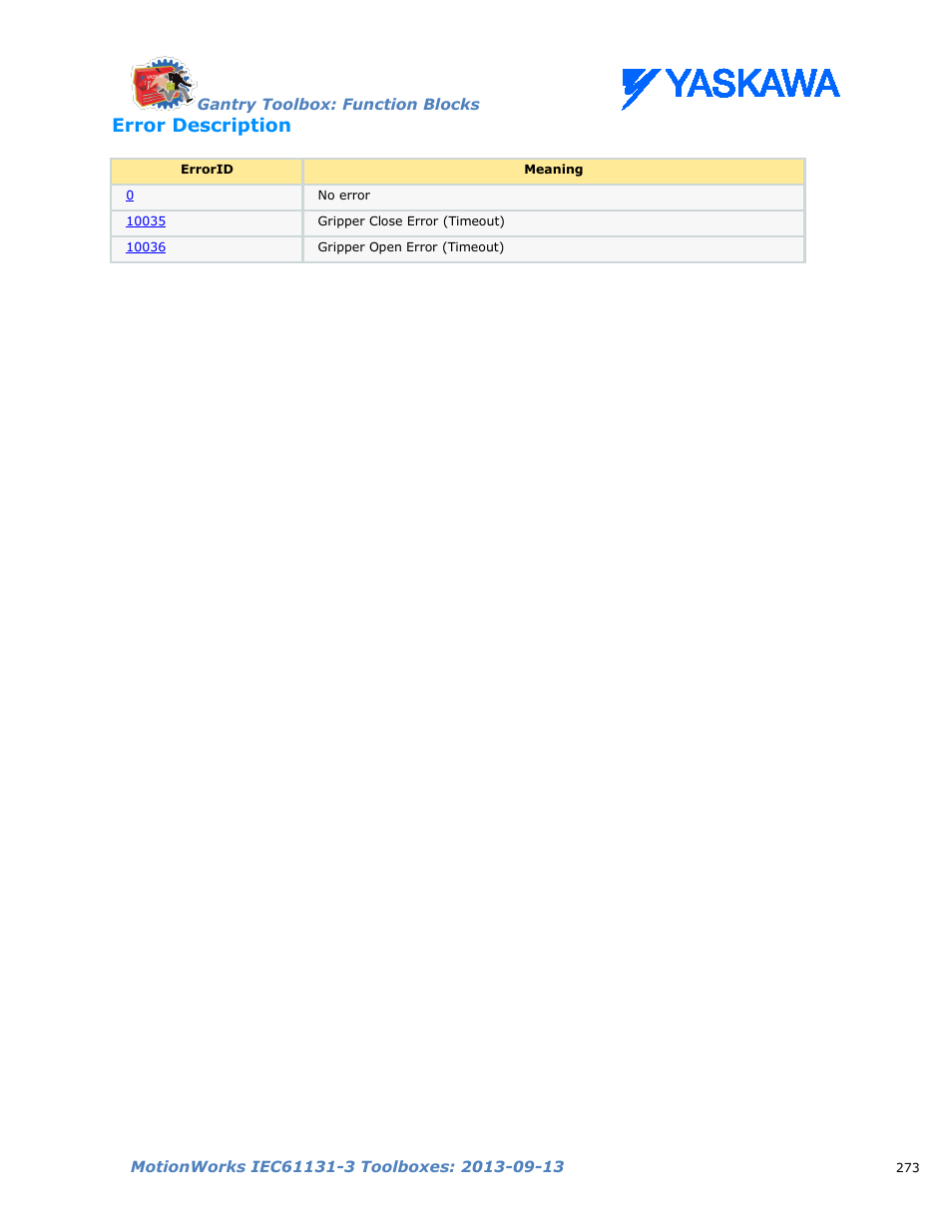 Error description | Yaskawa MotionWorks IEC Toolboxes User Manual | Page 286 / 592