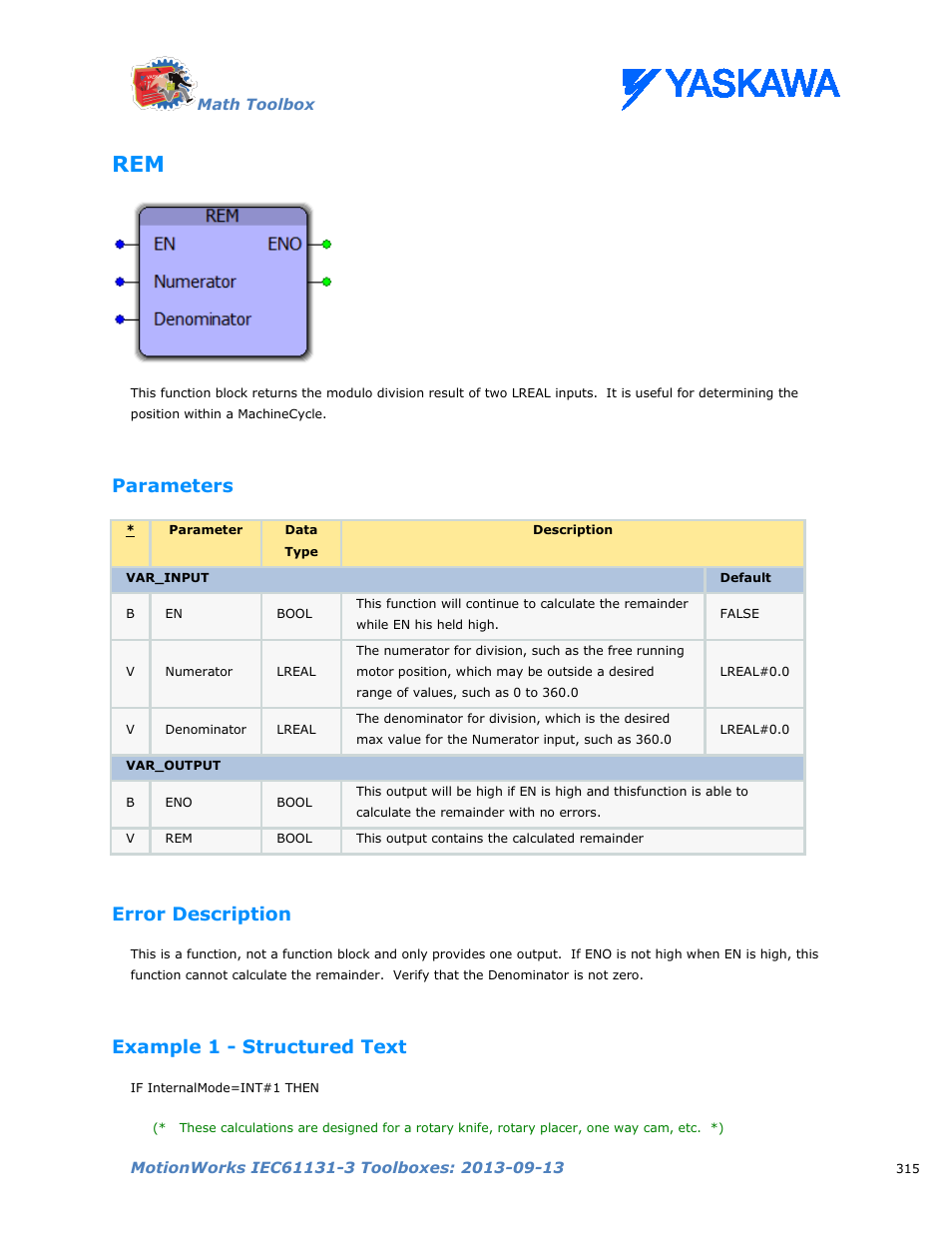 Parameters, Error description, Example 1 - structured text | Yaskawa MotionWorks IEC Toolboxes User Manual | Page 328 / 592