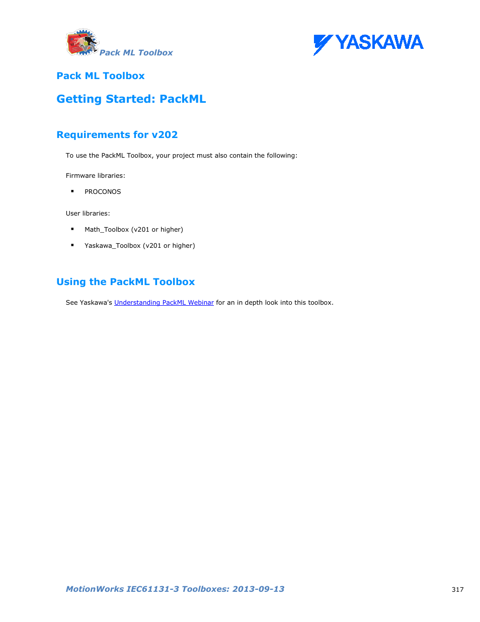 Pack ml toolbox, Getting started: packml, Requirements for v202 | Using the packml toolbox | Yaskawa MotionWorks IEC Toolboxes User Manual | Page 330 / 592