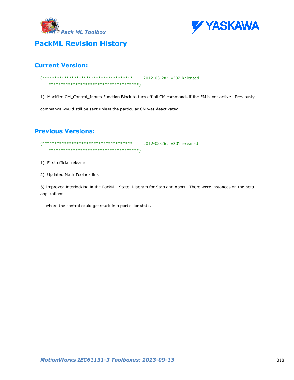 Packml revision history, Current version, Previous versions | Yaskawa MotionWorks IEC Toolboxes User Manual | Page 331 / 592