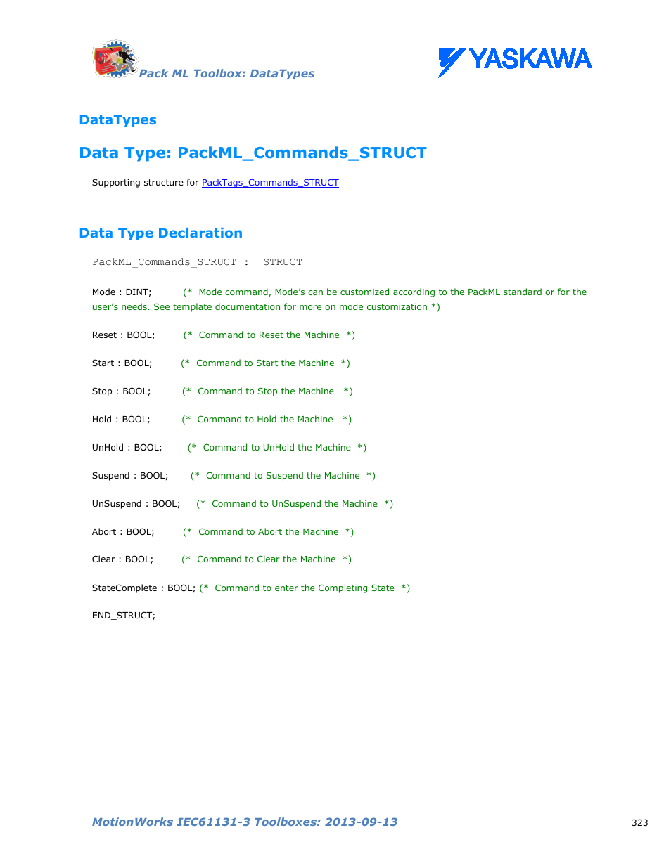 Datatypes, Data type: packml_commands_struct, Data type declaration | Yaskawa MotionWorks IEC Toolboxes User Manual | Page 336 / 592