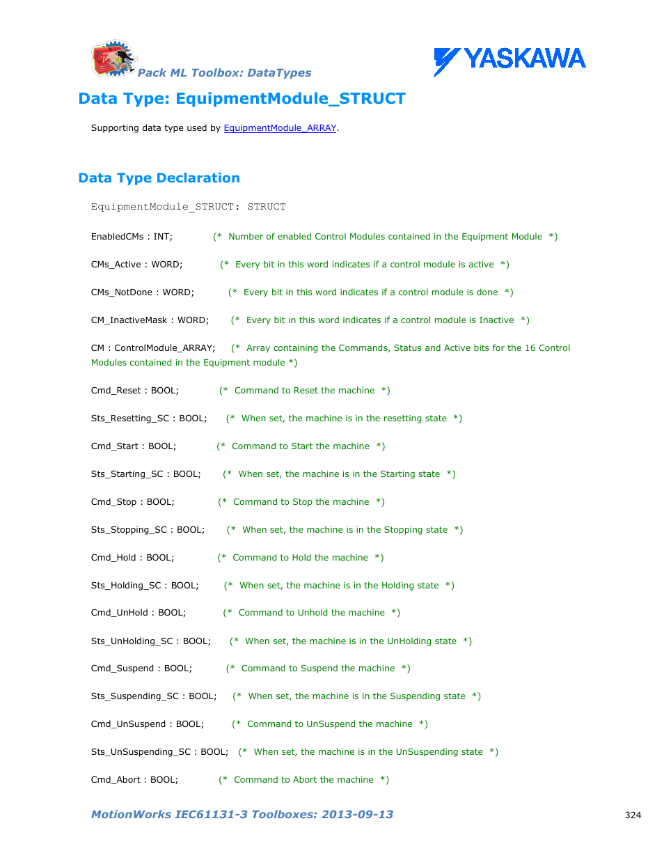 Data type: equipmentmodule_struct, Data type declaration | Yaskawa MotionWorks IEC Toolboxes User Manual | Page 337 / 592
