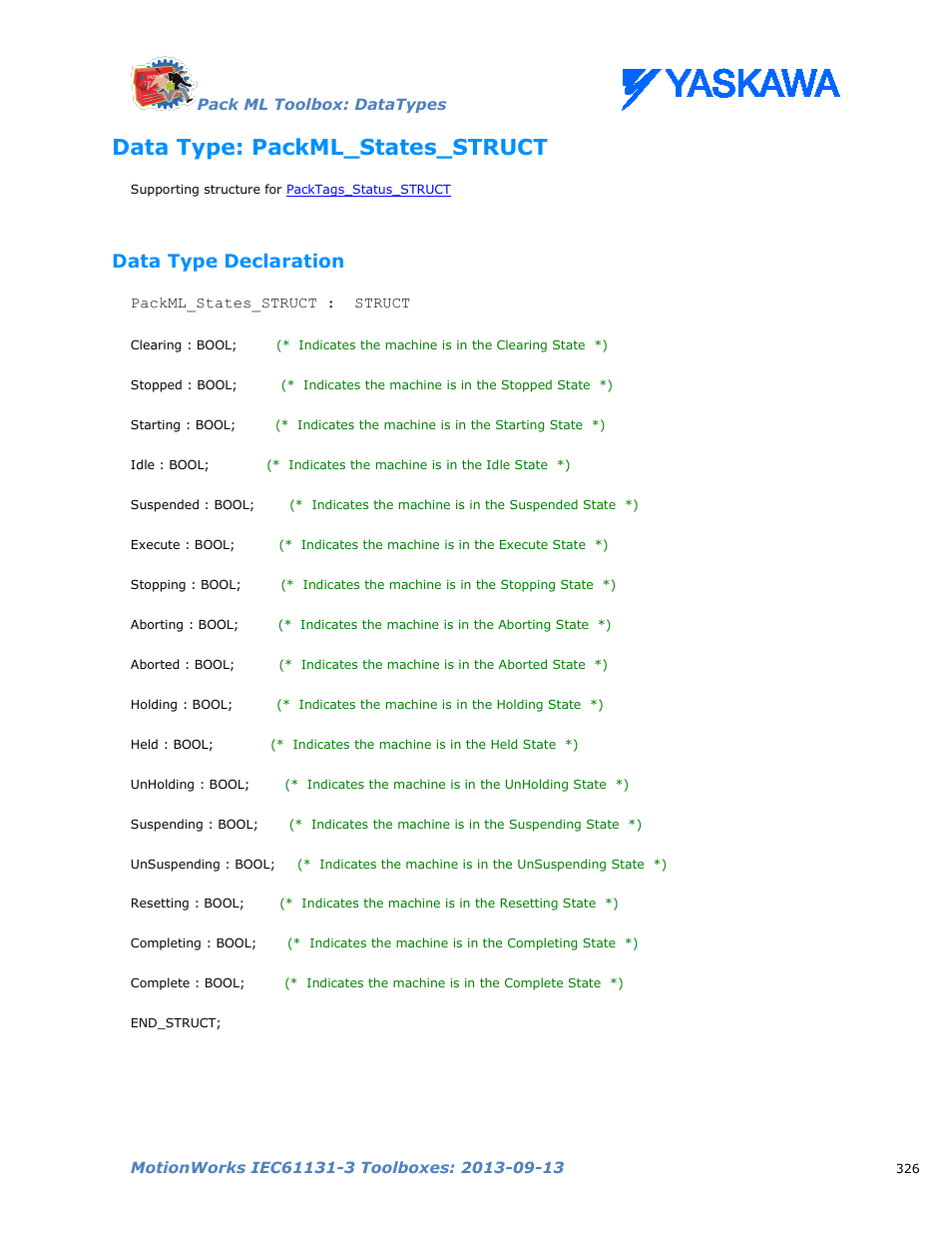 Data type: packml_states_struct, Data type declaration | Yaskawa MotionWorks IEC Toolboxes User Manual | Page 339 / 592