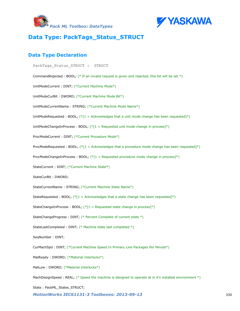 Data type: packtags_status_struct, Data type declaration | Yaskawa MotionWorks IEC Toolboxes User Manual | Page 343 / 592