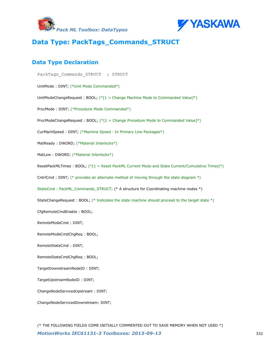 Data type: packtags_commands_struct, Data type declaration | Yaskawa MotionWorks IEC Toolboxes User Manual | Page 345 / 592
