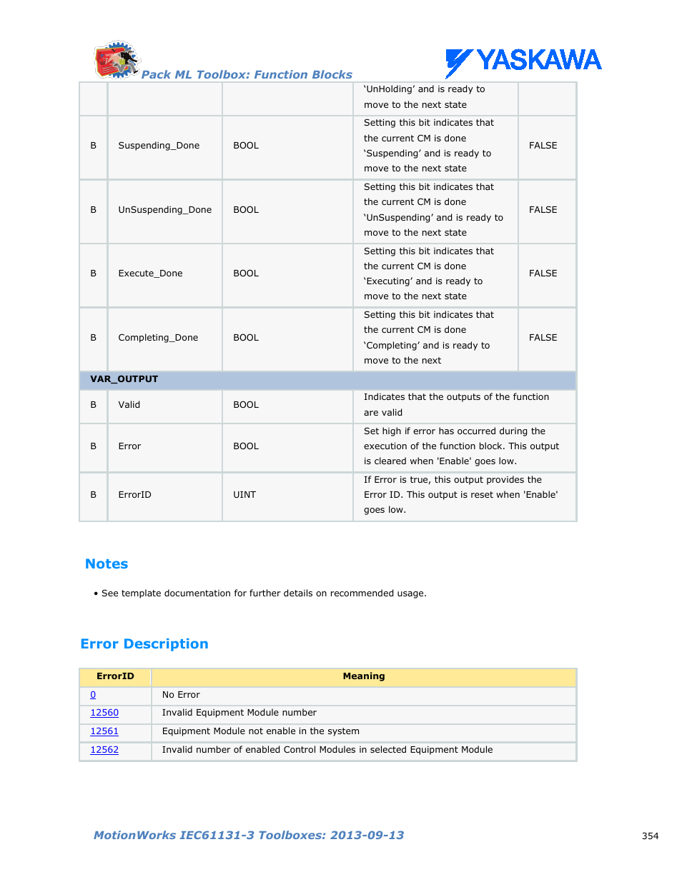 Notes, Error description | Yaskawa MotionWorks IEC Toolboxes User Manual | Page 367 / 592