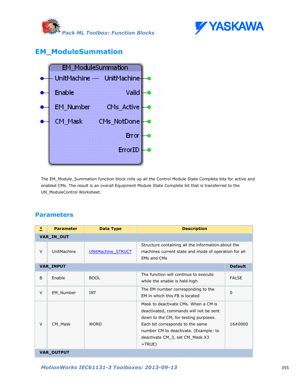 Em_modulesummation, Parameters | Yaskawa MotionWorks IEC Toolboxes User Manual | Page 368 / 592