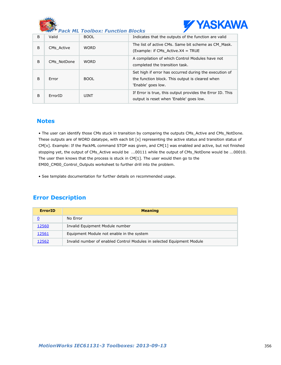 Notes, Error description | Yaskawa MotionWorks IEC Toolboxes User Manual | Page 369 / 592