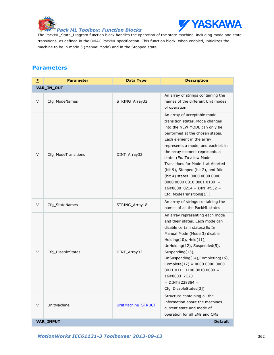 Parameters | Yaskawa MotionWorks IEC Toolboxes User Manual | Page 375 / 592