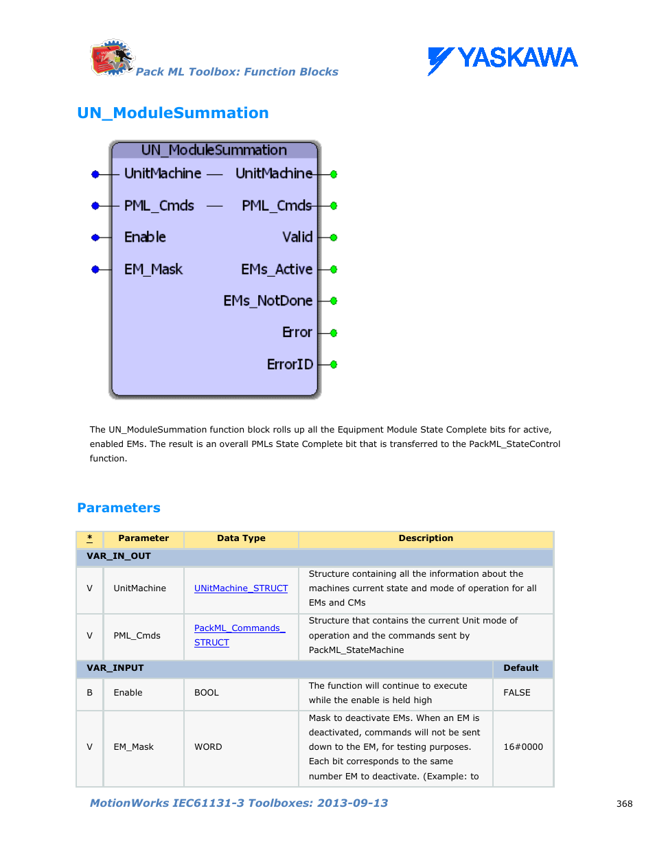 Un_modulesummation, Parameters | Yaskawa MotionWorks IEC Toolboxes User Manual | Page 381 / 592