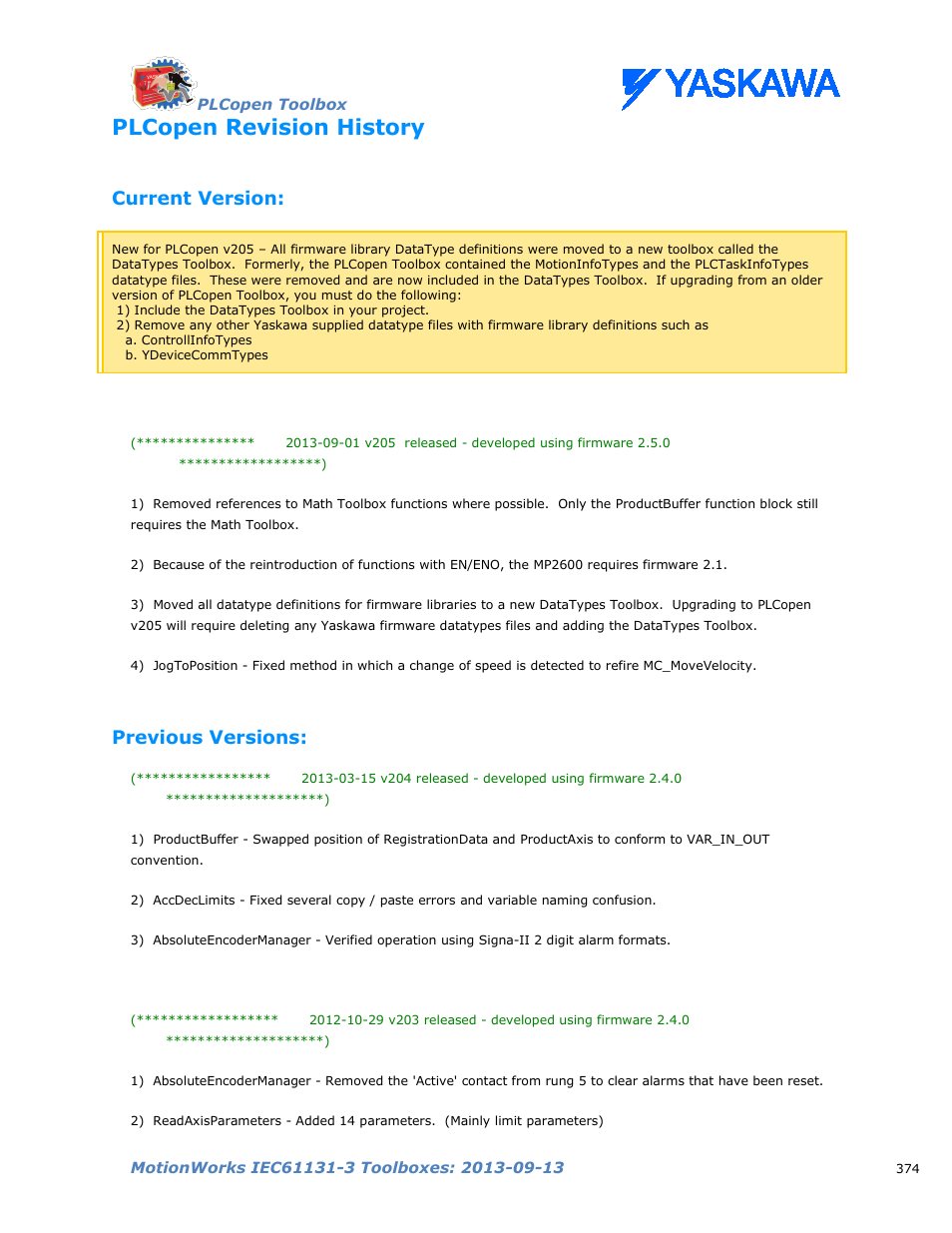 Plcopen revision history, Current version, Previous versions | Yaskawa MotionWorks IEC Toolboxes User Manual | Page 387 / 592