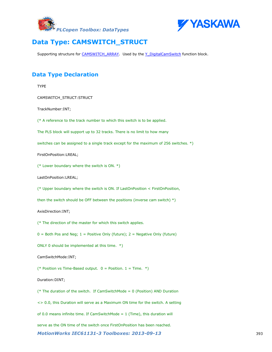 Data type: camswitch_struct, Data type declaration, Camswitch_struct | Yaskawa MotionWorks IEC Toolboxes User Manual | Page 406 / 592