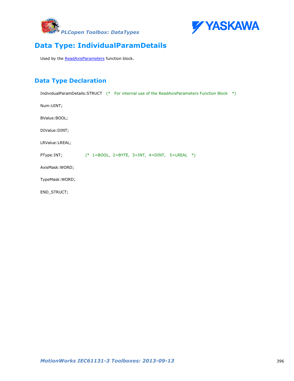 Data type: individualparamdetails, Data type declaration, Individualparamdetails | Yaskawa MotionWorks IEC Toolboxes User Manual | Page 409 / 592